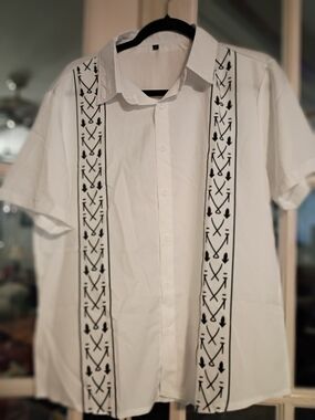 Men's White Short-Sleeve Button-Up Shirt with Black Embroidered Stripes
